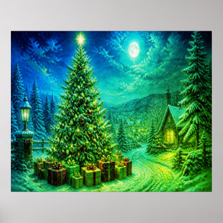 Poster Un sapin de Noël très vert et bleu au bord de la r