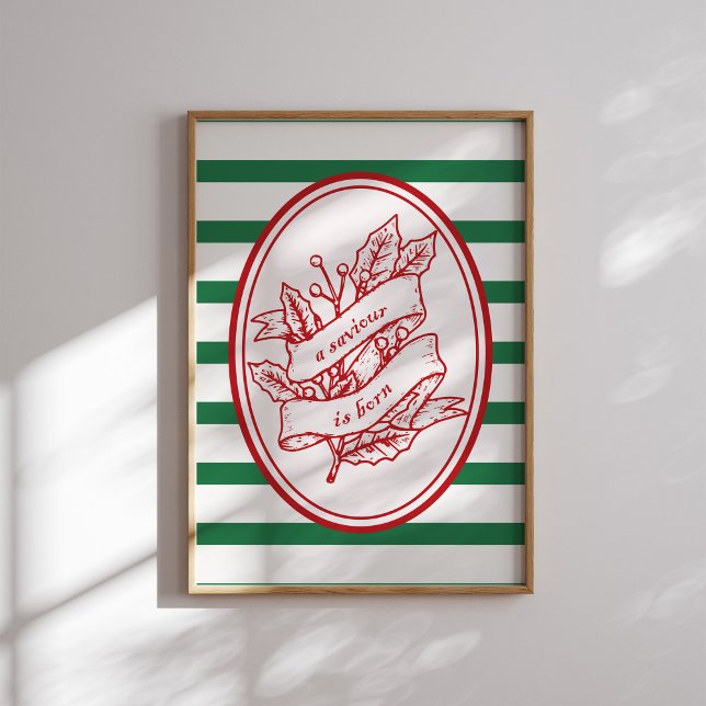 Poster Un Sauveur Est Né Red Holly Banner Noël (Créateur téléchargé)