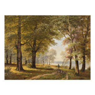 Poster Un sentier forestier avec randonneur en automne