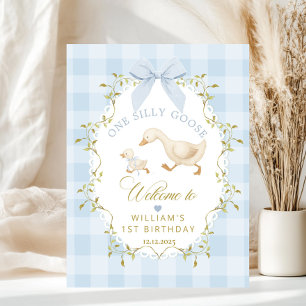 Poster Un Silly Goose Bienvenue Anniversaire Gingham Bleu