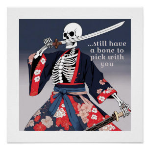 Poster Un Squelette En Kimono Avec Une Épée Samurai