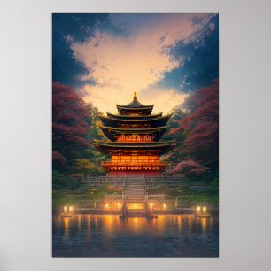 Poster Un temple japonais enchanteur au coucher du soleil