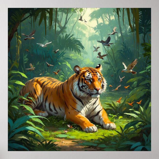 Poster Un tigre au calme dans la jungle avec peinture d'o (Devant)