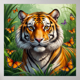 Poster Un tigre sérieux avec des papillons dans la jungle