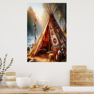 Poster Un tipi indien paisible au bord d'une rivière sere