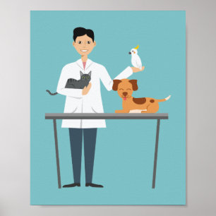 Poster Un Vétérinaire En Bleu Avec Des Animaux Illustrati