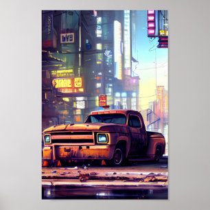 Poster Un vieux camion abandonné à Cyberpunk City