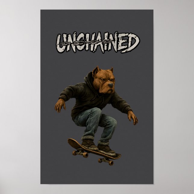 Poster Unchained Skater Pitbull Graphic Art Skateboarding (Devant)