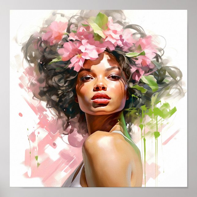 Poster Une Africaine Américaine Peinture rose et verte (Devant)