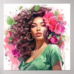 Poster Une Africaine Américaine Peinture rose et verte