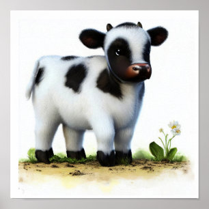 Poster Une aquarelle 3D Image d'une jeune vache Holstein