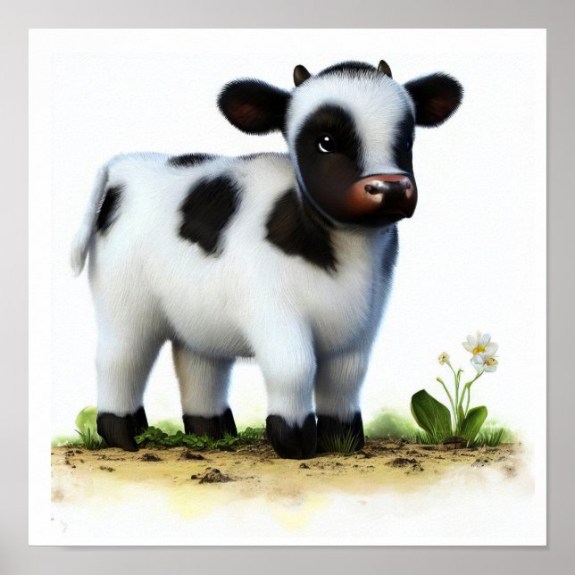 Poster Une aquarelle 3D Image d'une jeune vache Holstein (Devant)