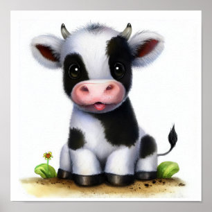 Poster Une aquarelle 3D Image d'une jeune vache Holstein