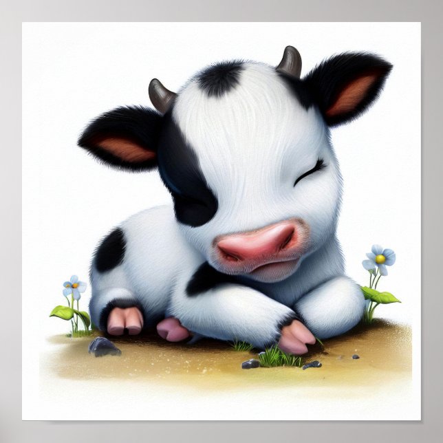 Poster Une aquarelle 3D Image d'une jeune vache Holstein (Devant)