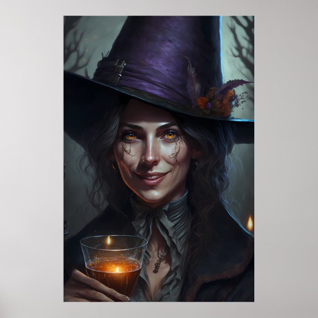 Poster Une belle et heureuse sorcière qui boit sa potion (Devant)