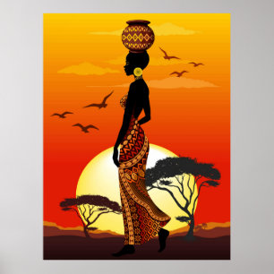 Poster Une belle femme africaine Silhouette sur les solei