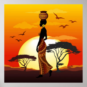Poster Une belle femme africaine Silhouette sur les solei