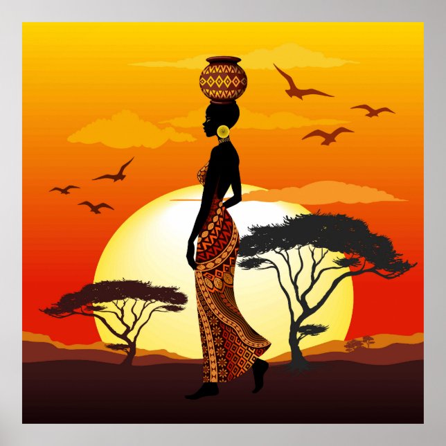 Poster Une belle femme africaine Silhouette sur les solei (Devant)
