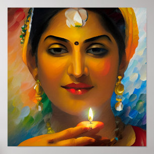 Poster Une belle Indienne avec Lampe à Huile Diwali