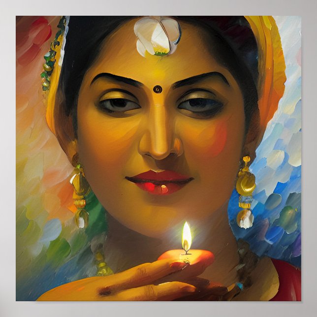 Poster Une belle Indienne avec Lampe à Huile Diwali (Devant)