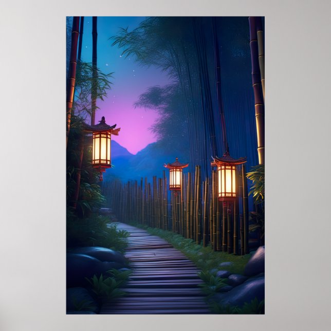 Poster Une charmante allée en bois éclairée par des lante (Devant)