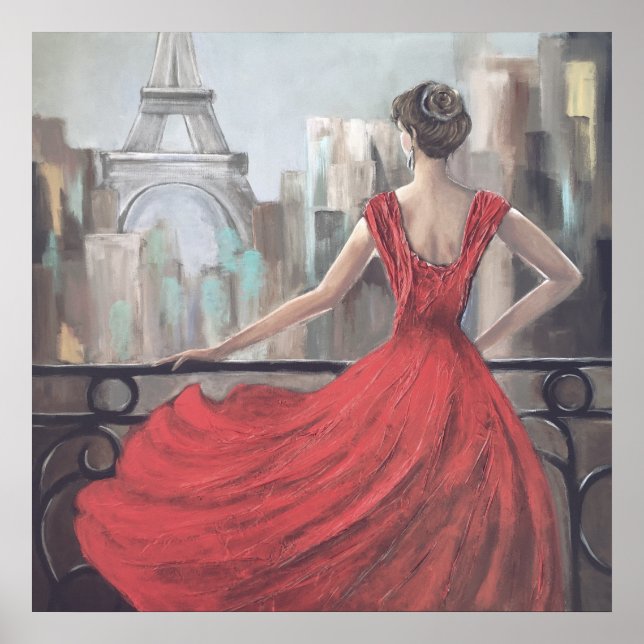 Poster Une dame artiste en robe rouge à Paris (Devant)