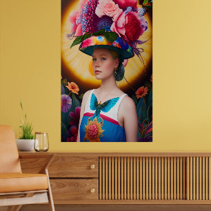 Poster Une dame avec un casquette solaire à fleurs