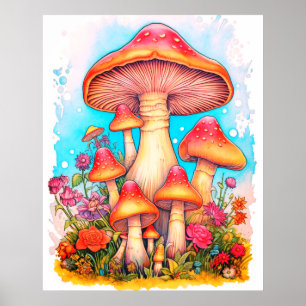 Poster Une famille de champignons fond blanc sur un mur