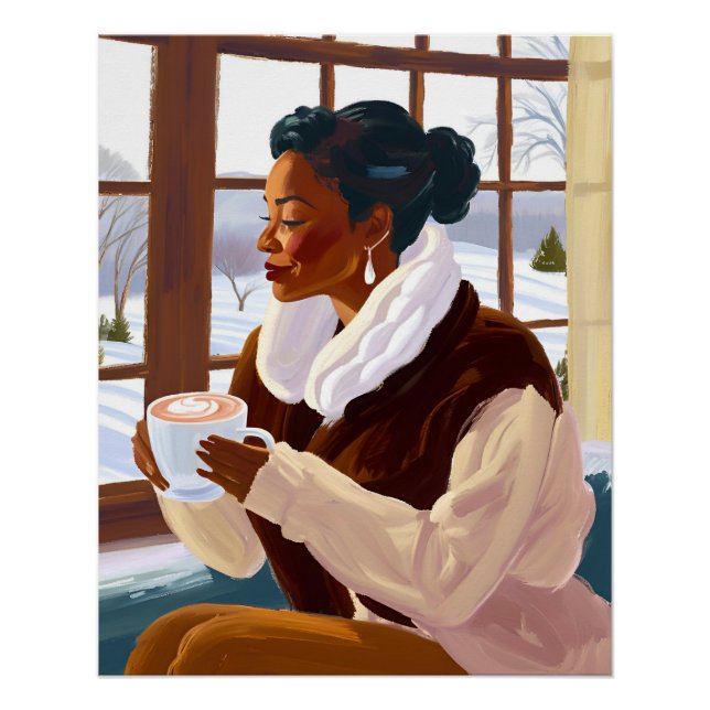 Poster Une femme afro-américaine sirote du cacao en hiver (Devant)