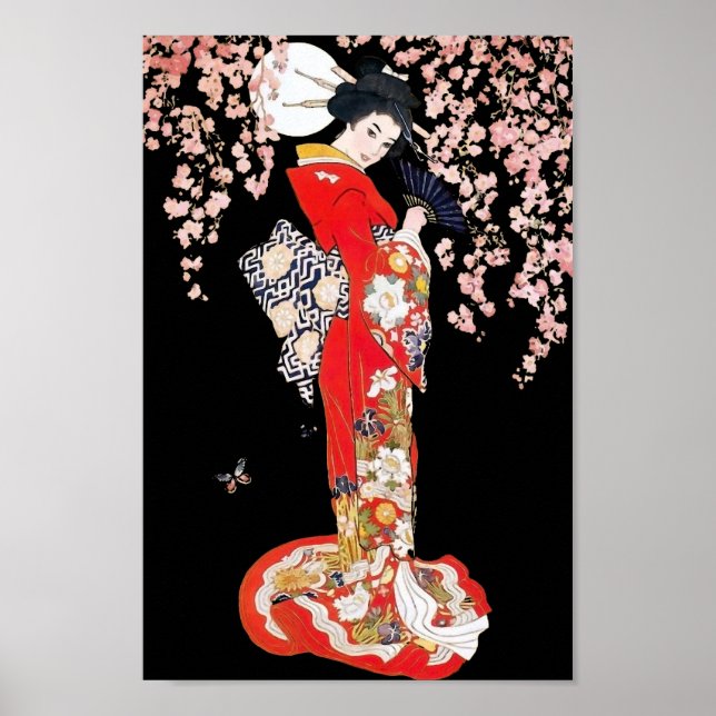 Poster Une femme asiatique avec une nuit de fleurs de cer (Devant)