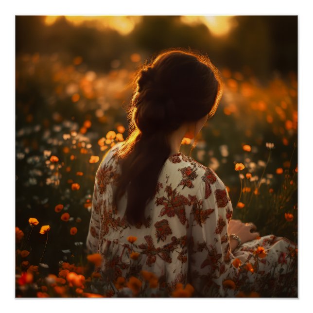 Poster Une femme assise dans un champ de Fleurs sauvages (Devant)