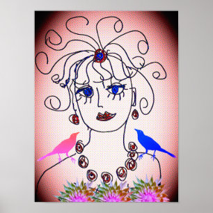 Poster Une femme avec des oiseaux