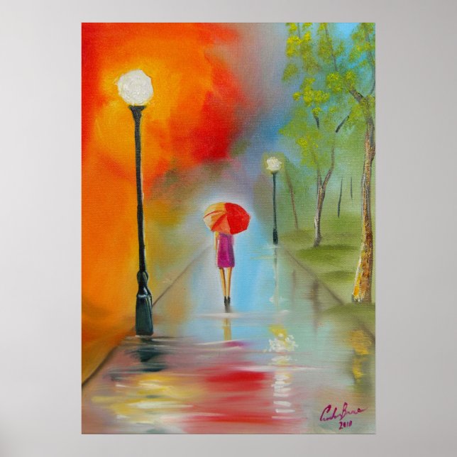 Poster Une femme avec un parapluie rouge peint le jour de (Devant)