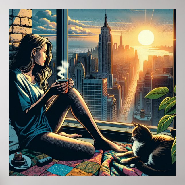 Poster Une femme boit du café à Sunrise dans la ville (Devant)