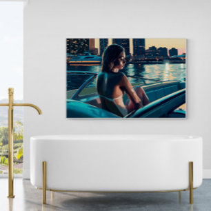 Poster Une femme brésilienne en yacht au coucher du solei