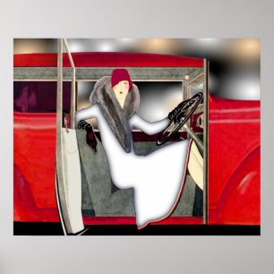Poster Une femme dans une voiture de sport rouge