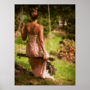Poster Une femme en balançoire avec des fleurs