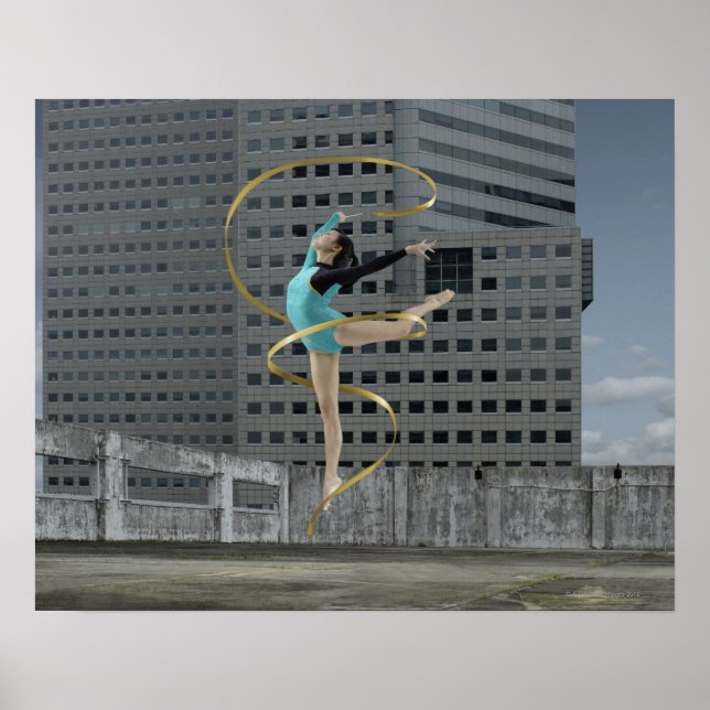 Poster Une femme gymnaste en plein air sur le toit sautan (Devant)