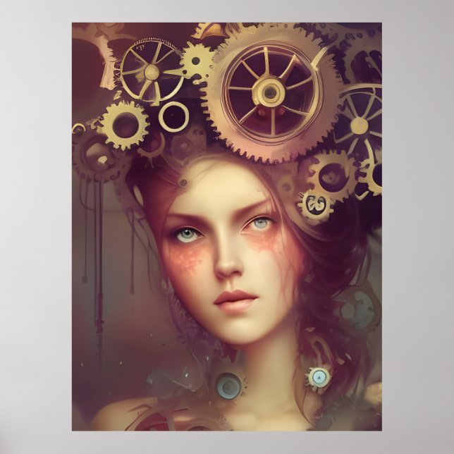 Poster Une femme imaginaire avec des engrenages de steamp (Devant)