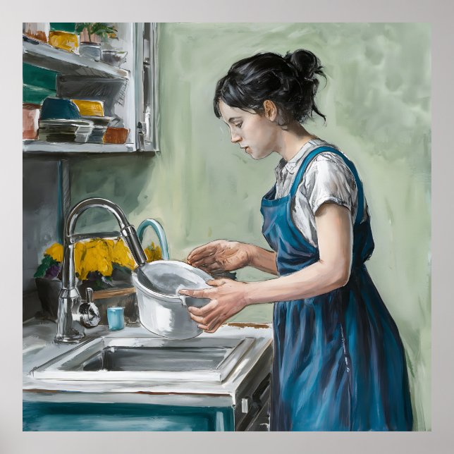 Poster Une femme lave la vaisselle dans une cuisine bleue (Devant)