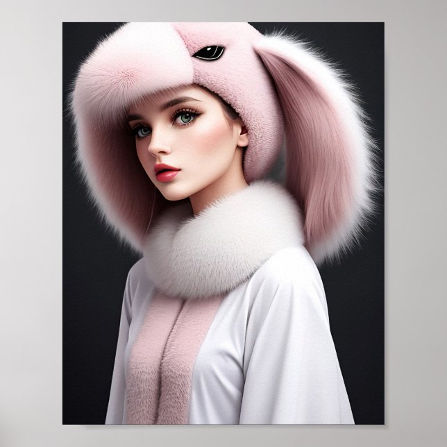 Poster Une femme portant un casquette de lapin (Devant)