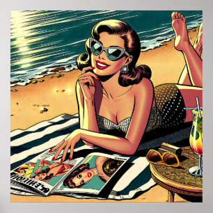 Poster Une femme rétro à la plage lit un magazine de mode