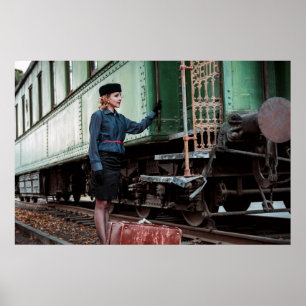 Poster Une femme rétro vintage à la gare