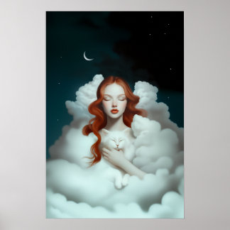 Poster Une femme rouge haïe tenant un chat dans les nuage