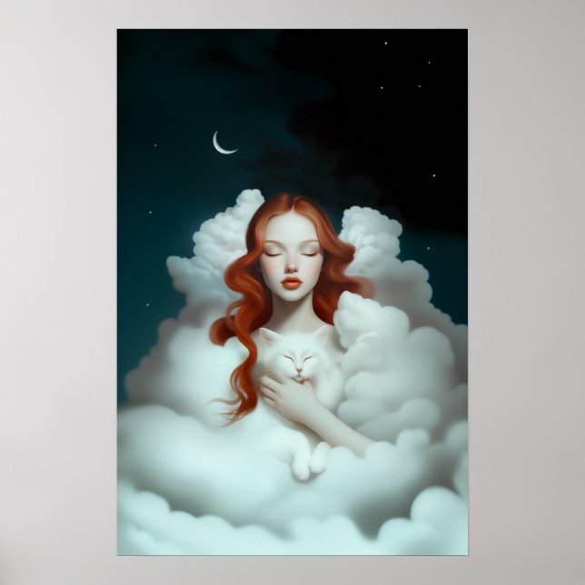 Poster Une femme rouge haïe tenant un chat dans les nuage (Devant)