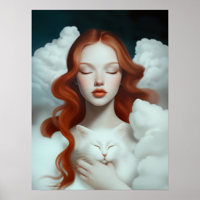 Poster Une femme rouge haïe tenant un chat dans les nuage (Devant)