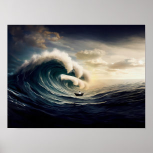 Poster Une femme sur un petit bateau naviguant dans l'océ