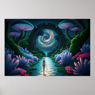 Poster Une figure extraterrestre marche vers une planète