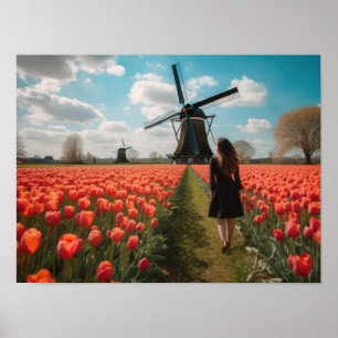 Poster Une fille dans un champ de tulipe