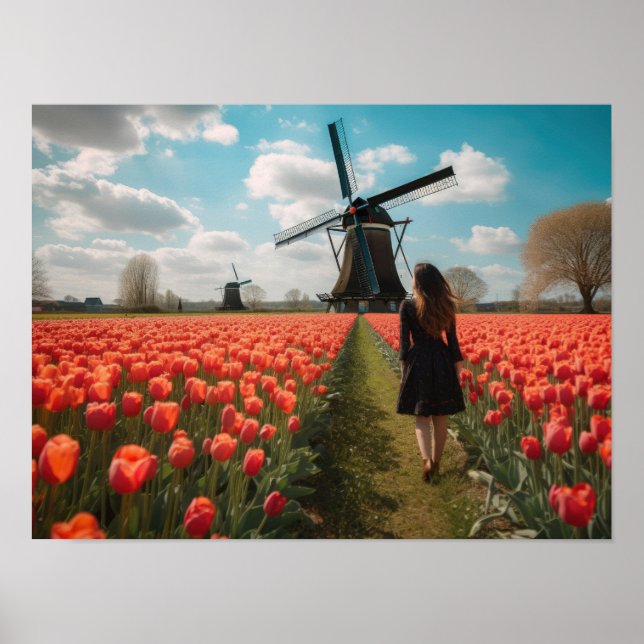 Poster Une fille dans un champ de tulipe (Devant)